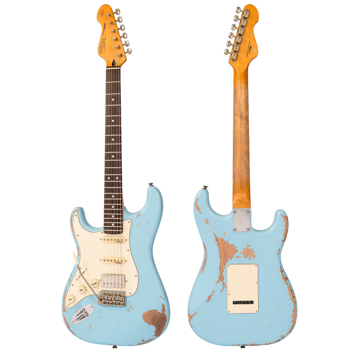 Vintage V6 ICON Electric Guitar ~ Left Hand Distressed Laguna Blue, Electric Guitar for sale at Richards Guitars.