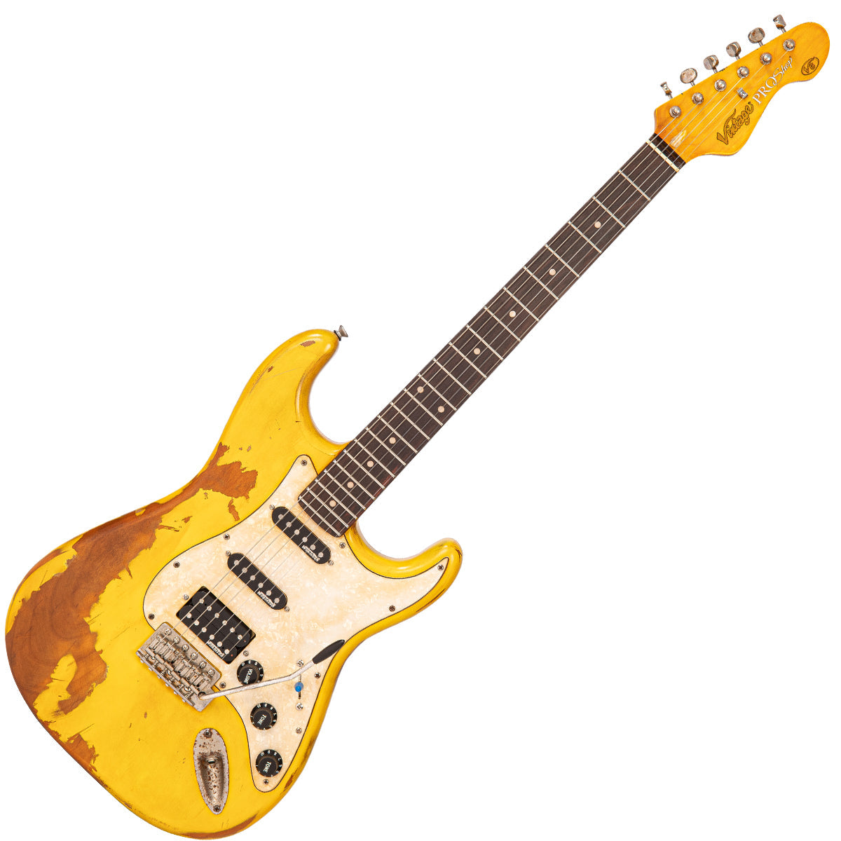 Vintage V6 ProShop Unique ~ Yellow Heavy Distressed, Electric Guitar for sale at Richards Guitars.