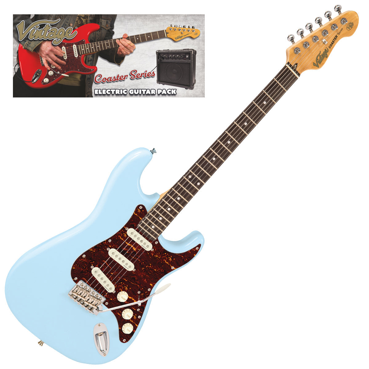 Vintage V60 Coaster Series Electric Guitar Pack ~ Laguna Blue, for sale at Richards Guitars.