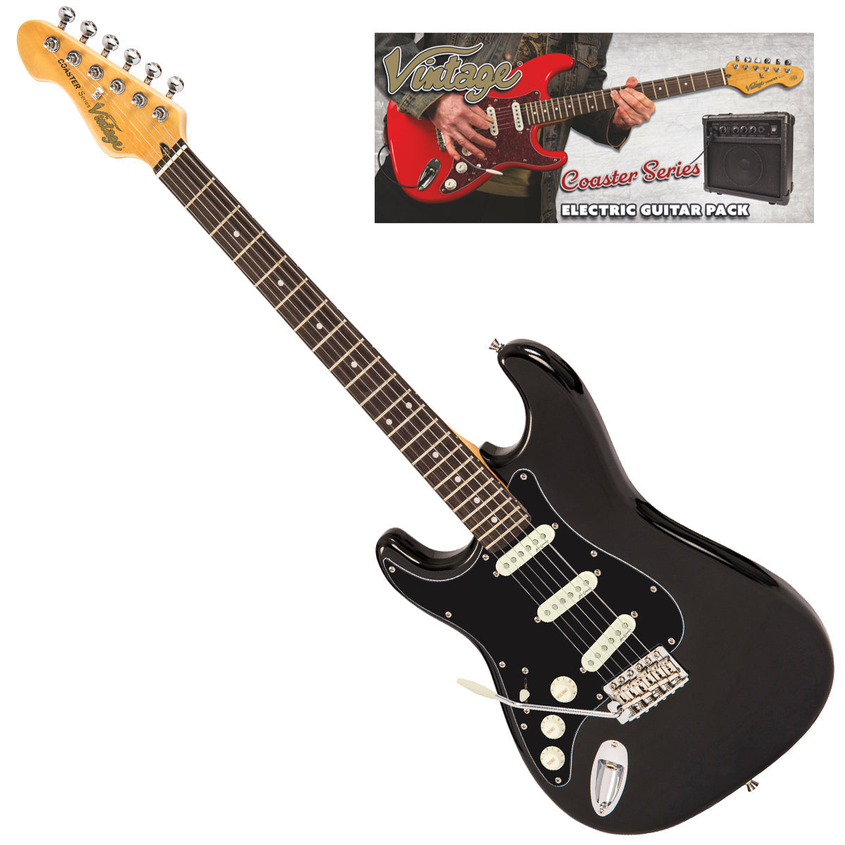 Vintage V60 Coaster Series Electric Guitar Pack ~ Left Hand Boulevard Black, for sale at Richards Guitars.