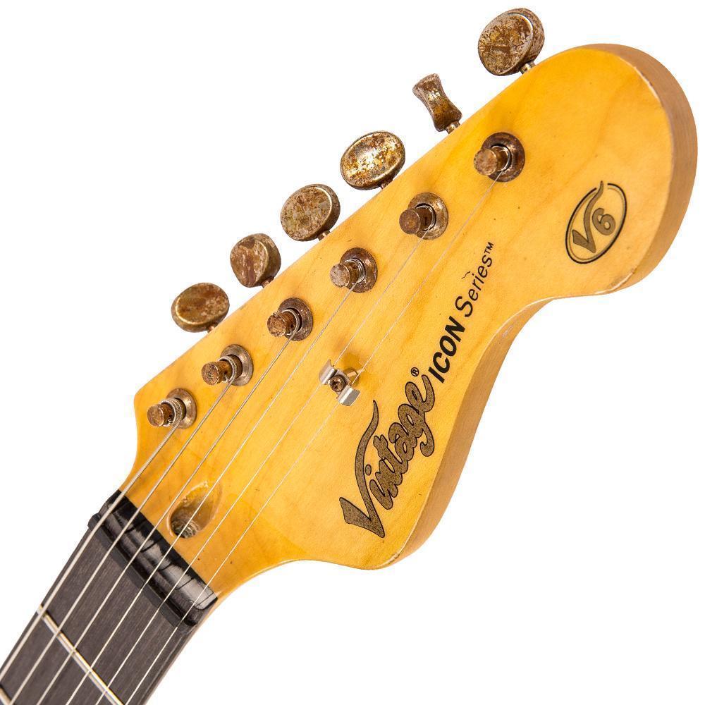 Vintage V6H ICON HSS Electric Guitar ~ Ultra-Gloss Distressed Sunset Sunburst Left Handed, Electric Guitar for sale at Richards Guitars.