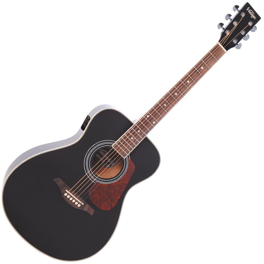 Vintage VE330BK Electro-Acoustic Folk Guitar ~ Gloss Black, Electro Acoustic Guitar for sale at Richards Guitars.