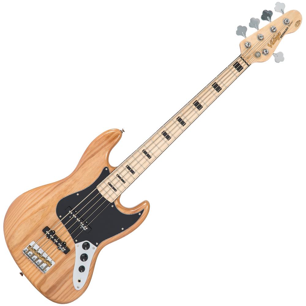 Vintage VJ75 ReIssued Maple Fingerboard Bass Guitar ~ 5-String - Natural Ash, Bass Guitar for sale at Richards Guitars.