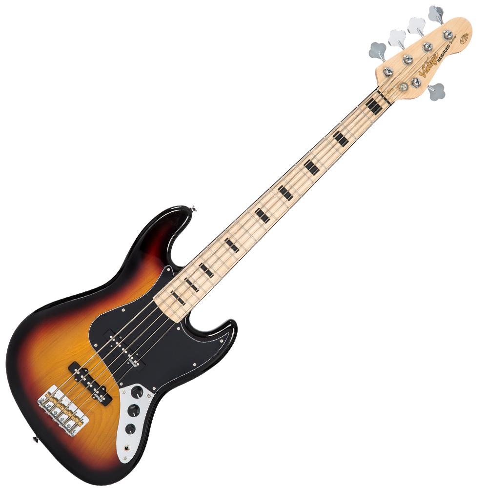 Vintage VJ75 ReIssued Maple Fingerboard Bass Guitar ~ 5-String ~ Sunburst, Bass Guitar for sale at Richards Guitars.