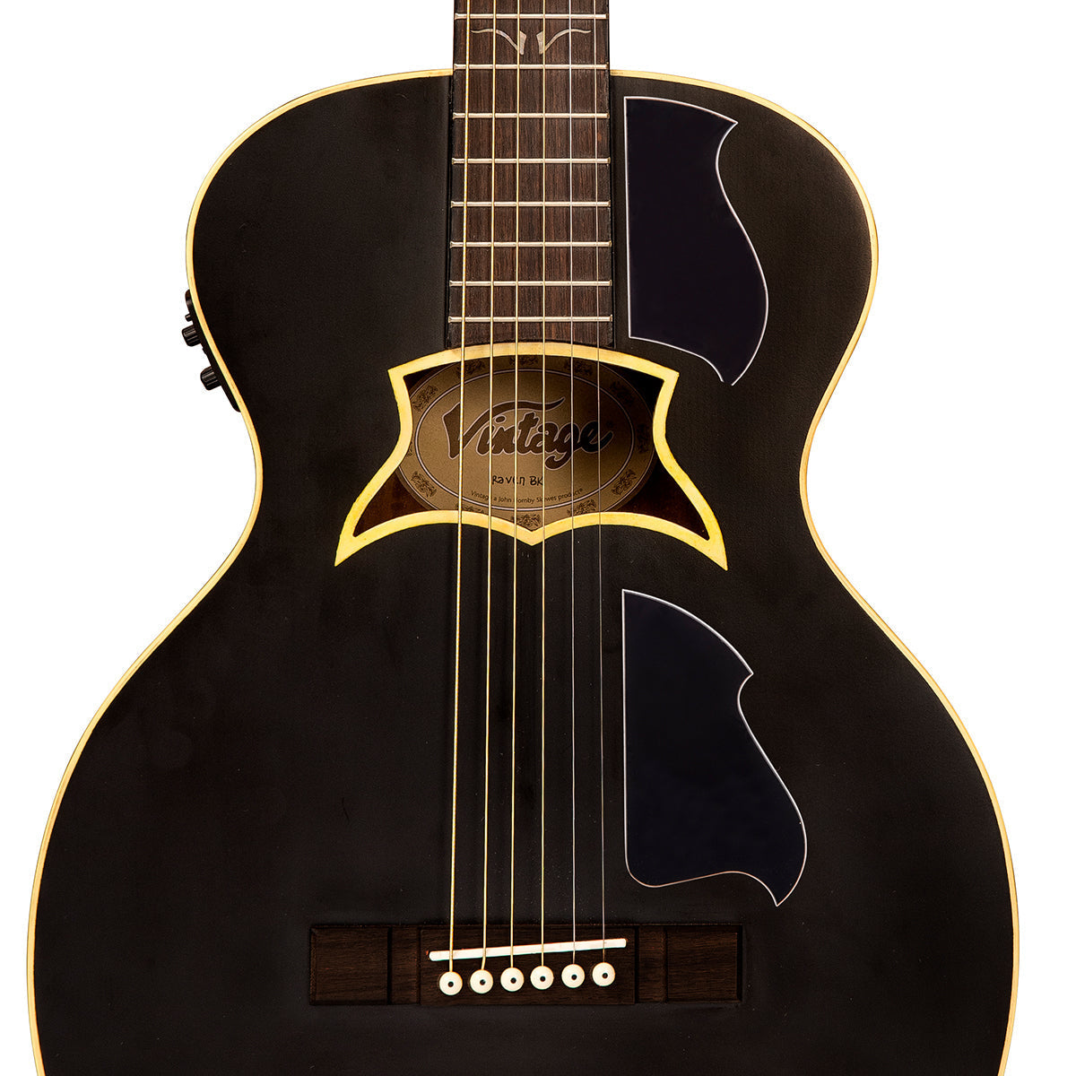 Vintage VRA900EA "Raven" Paul Brett Electro-Acoustic Guitar ~ Satin Black, Electro Acoustic Guitar for sale at Richards Guitars.