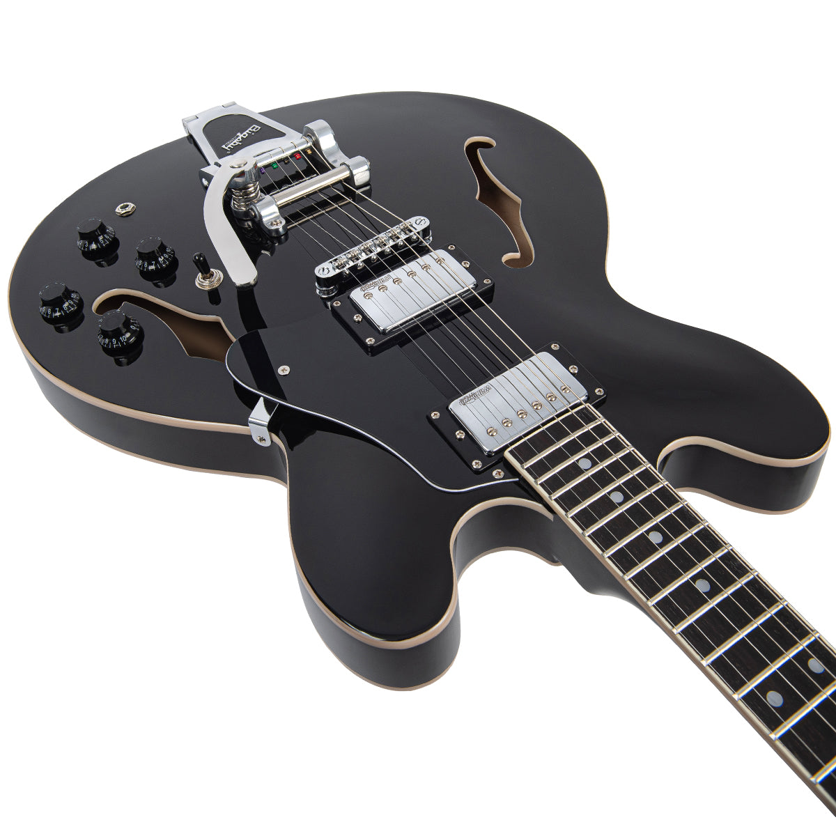 Vintage VSA500BBK ReIssued Semi Acoustic Guitar w/Bigsby ~ Boulevard Black, Electric Guitar for sale at Richards Guitars.