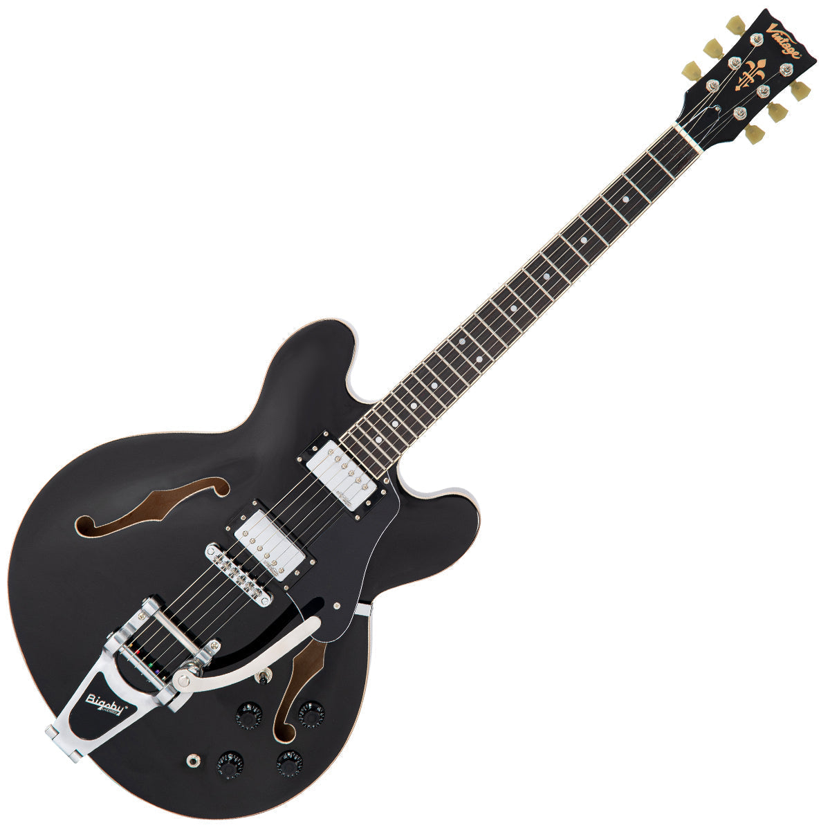 Vintage VSA500BBK ReIssued Semi Acoustic Guitar w/Bigsby ~ Boulevard Black, Electric Guitar for sale at Richards Guitars.