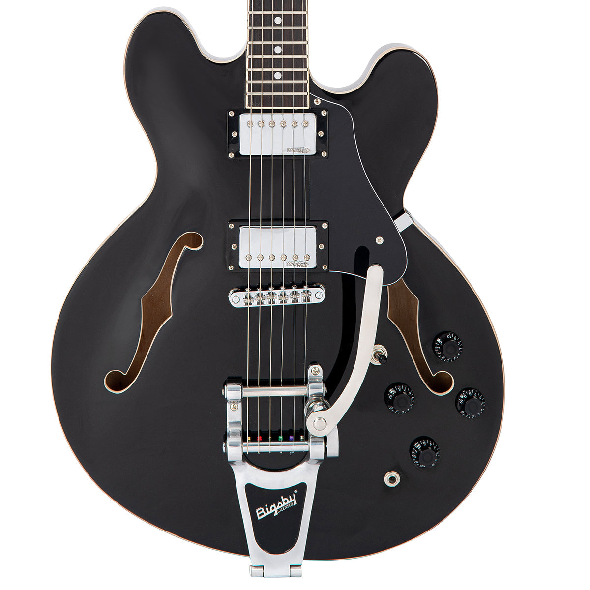 Vintage VSA500BBK ReIssued Semi Acoustic Guitar w/Bigsby ~ Boulevard Black, Electric Guitar for sale at Richards Guitars.