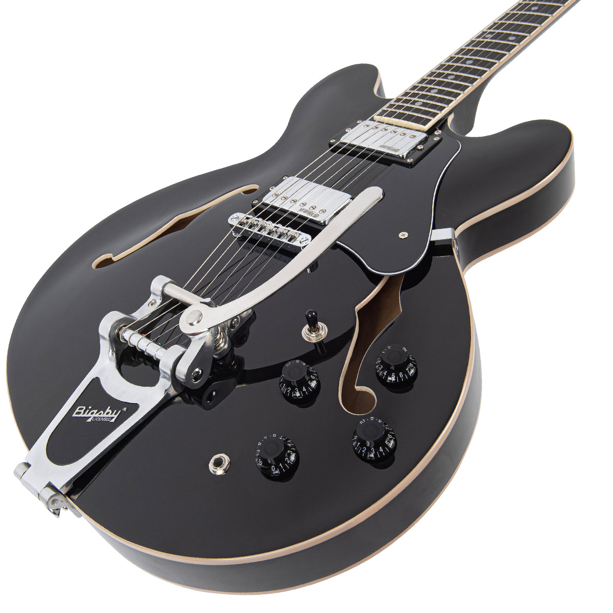 Vintage VSA500BBK ReIssued Semi Acoustic Guitar w/Bigsby ~ Boulevard Black, Electric Guitar for sale at Richards Guitars.