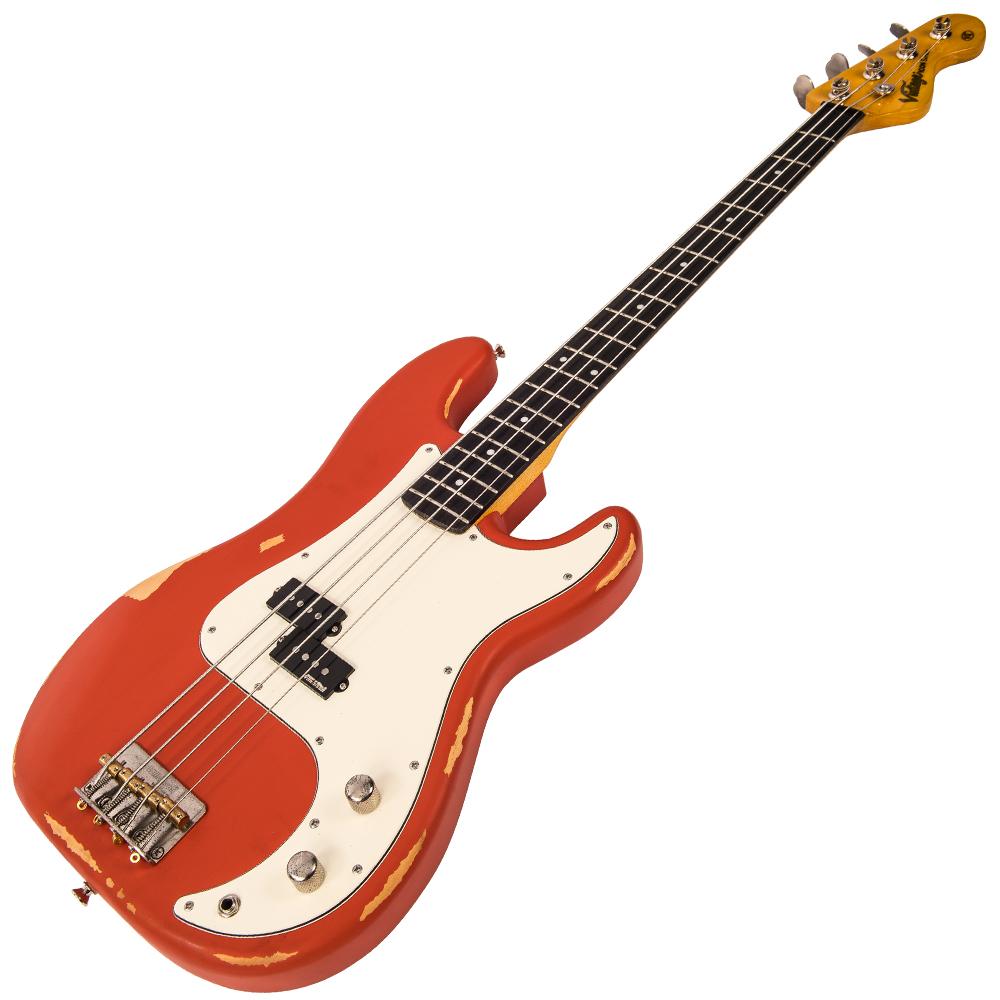 Vintage V4 ICON Bass ~ Distressed Firenza Red, Bass Guitar for sale at Richards Guitars.