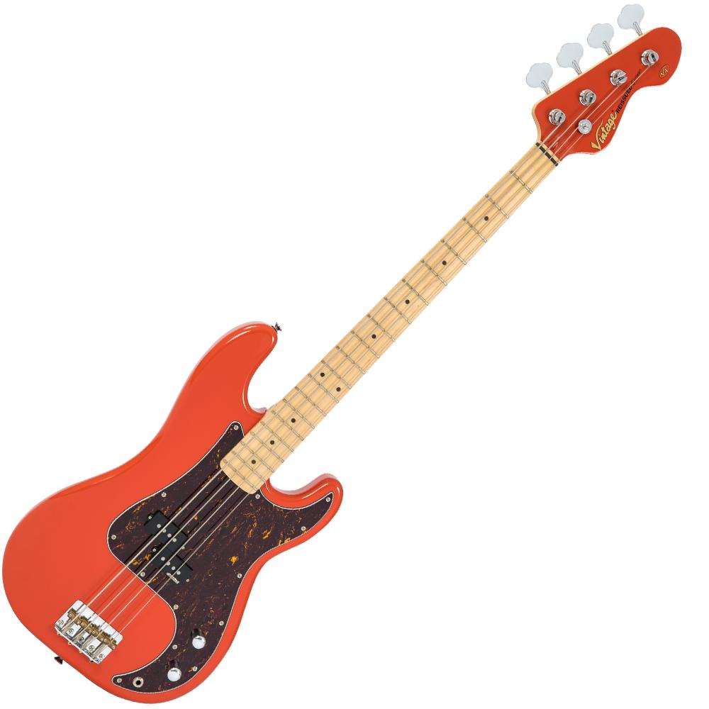Vintage V4 ReIssued Maple Fingerboard Bass Guitar ~ Firenza Red, Bass Guitar for sale at Richards Guitars.
