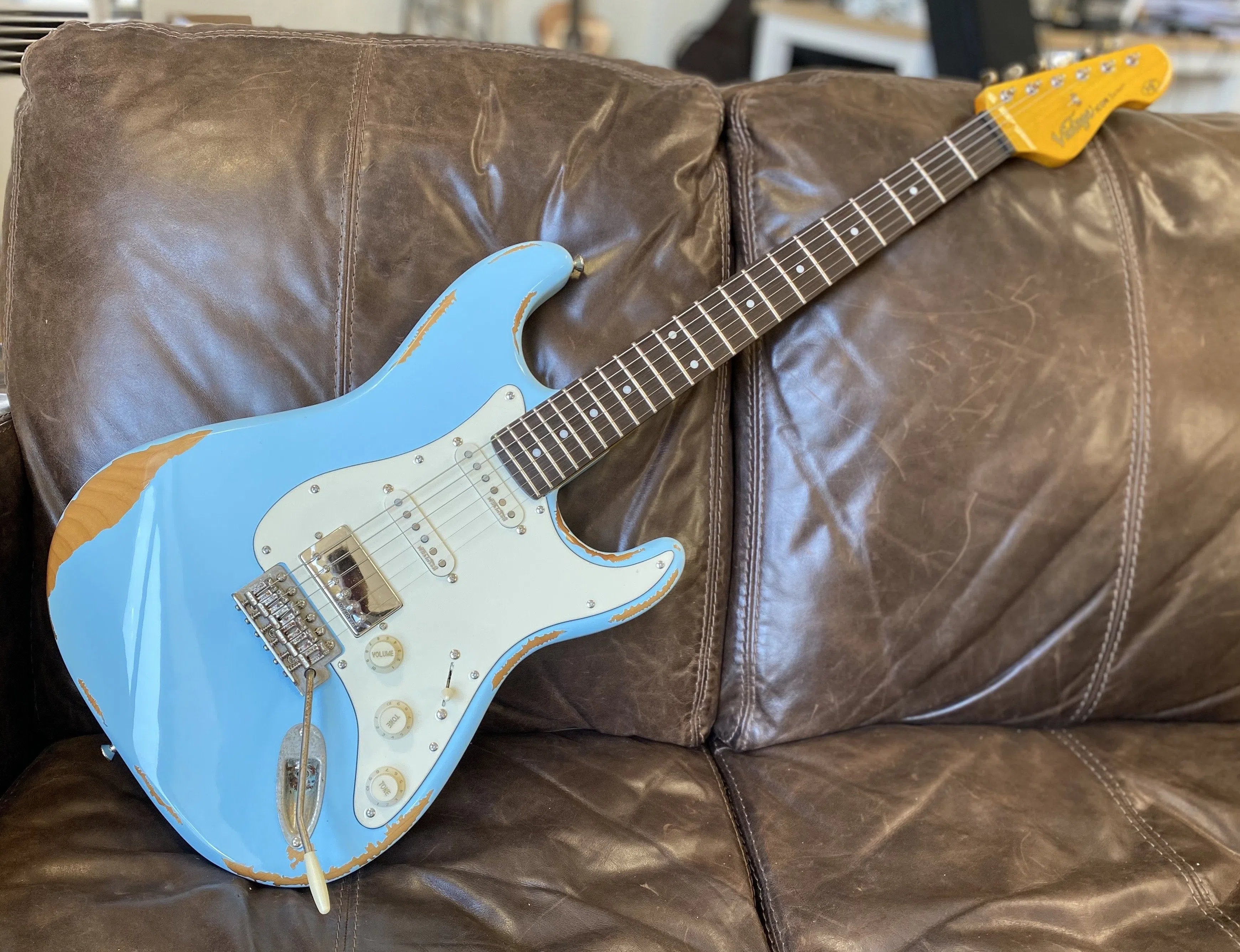 Vintage V6H ICON HSS Electric Guitar ~ Ultra-Gloss Distressed Laguna Blue, Electric Guitar for sale at Richards Guitars.