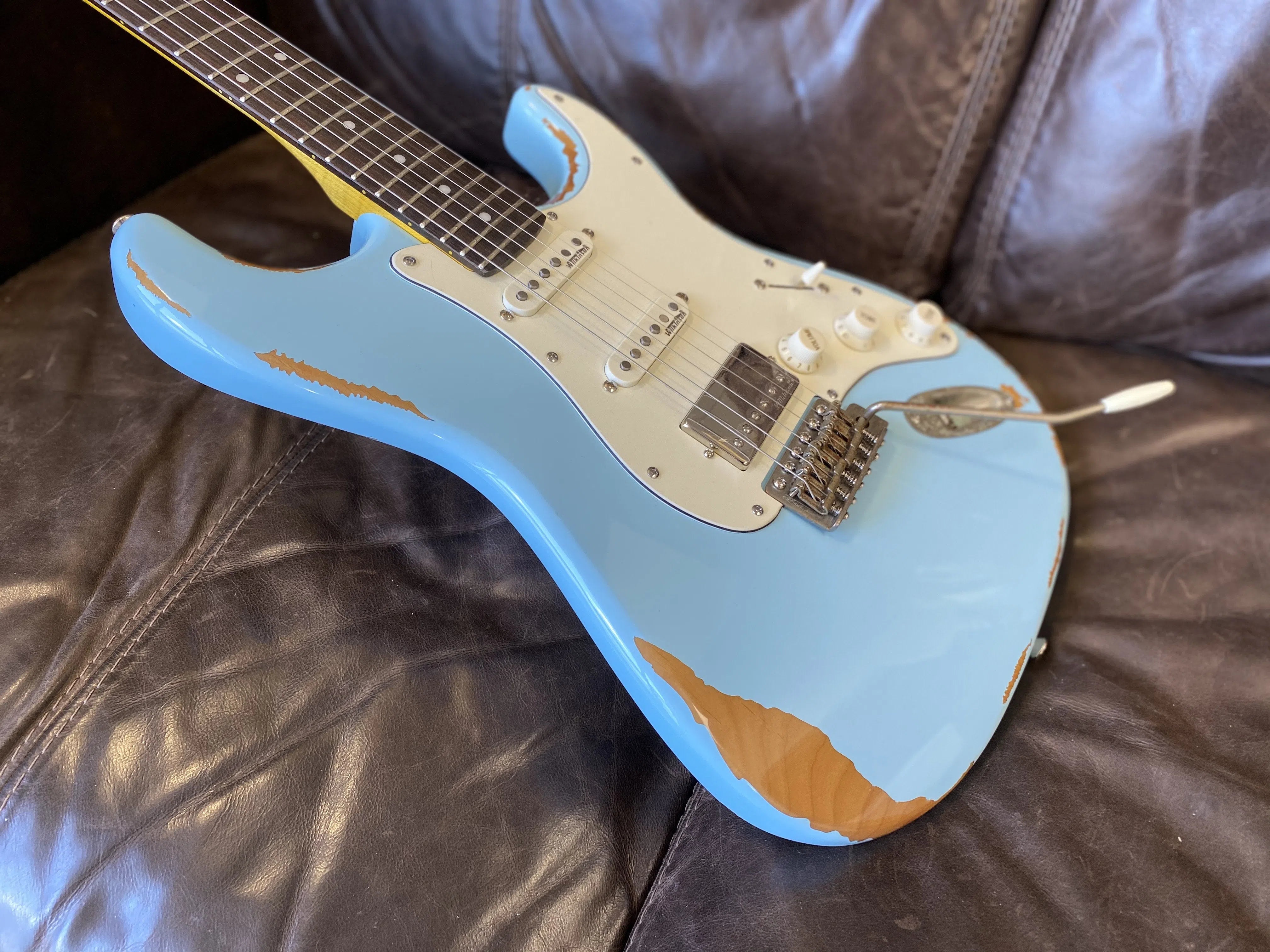 Vintage V6H ICON HSS Electric Guitar ~ Ultra-Gloss Distressed Laguna Blue, Electric Guitar for sale at Richards Guitars.