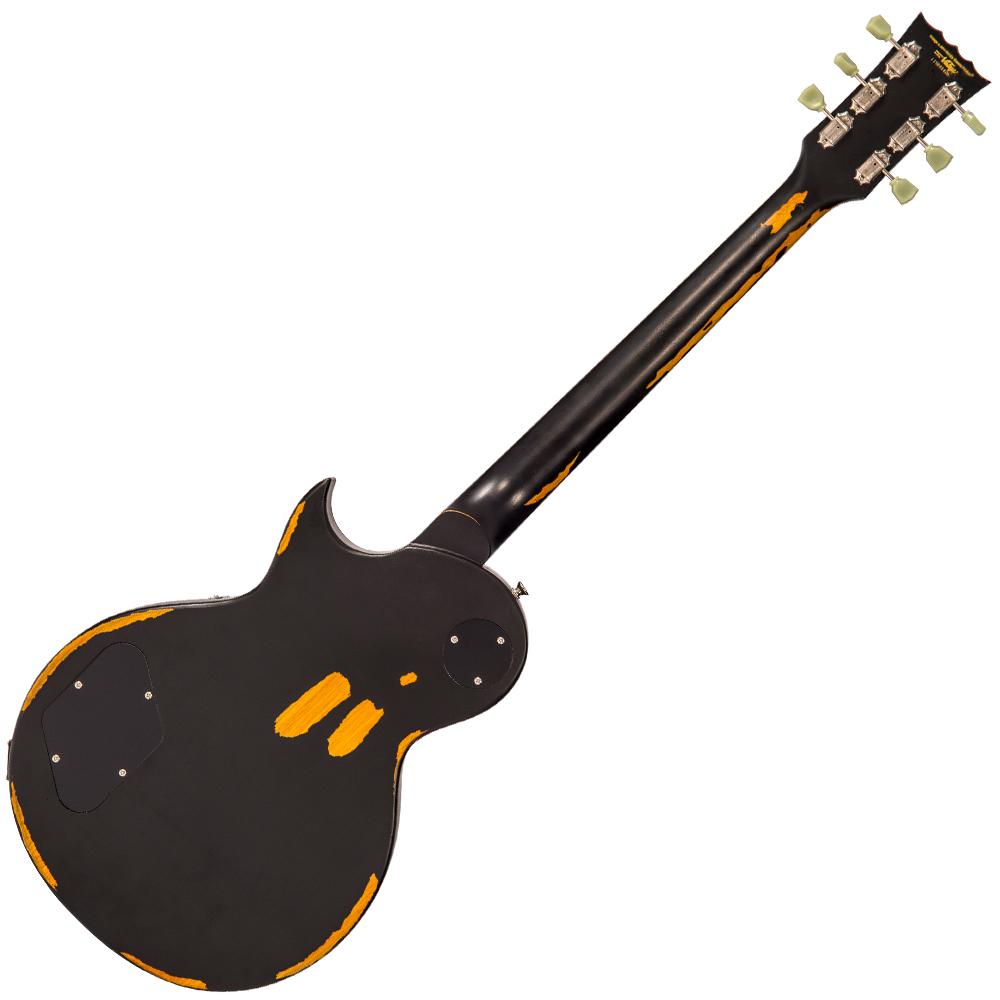 Vintage V100 ICON Electric Guitar ~ Distressed Black Over Sunburst, Electric Guitar for sale at Richards Guitars.
