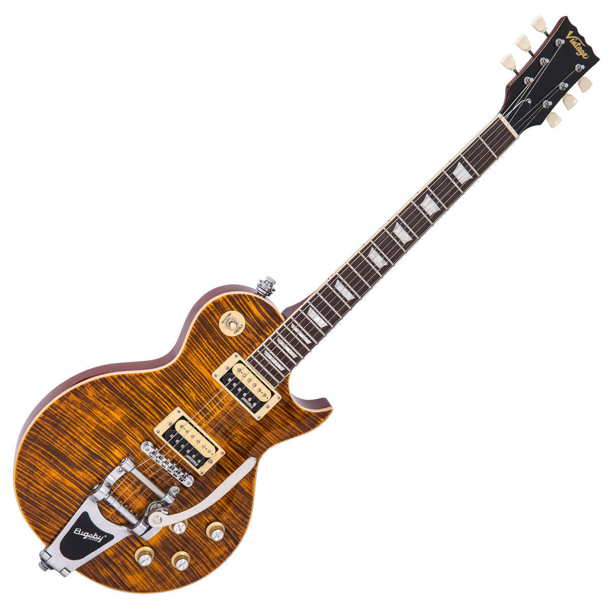 Vintage V100 ReIssued Electric Guitar w/Bigsby ~ Flamed Amber, Electric Guitar for sale at Richards Guitars.