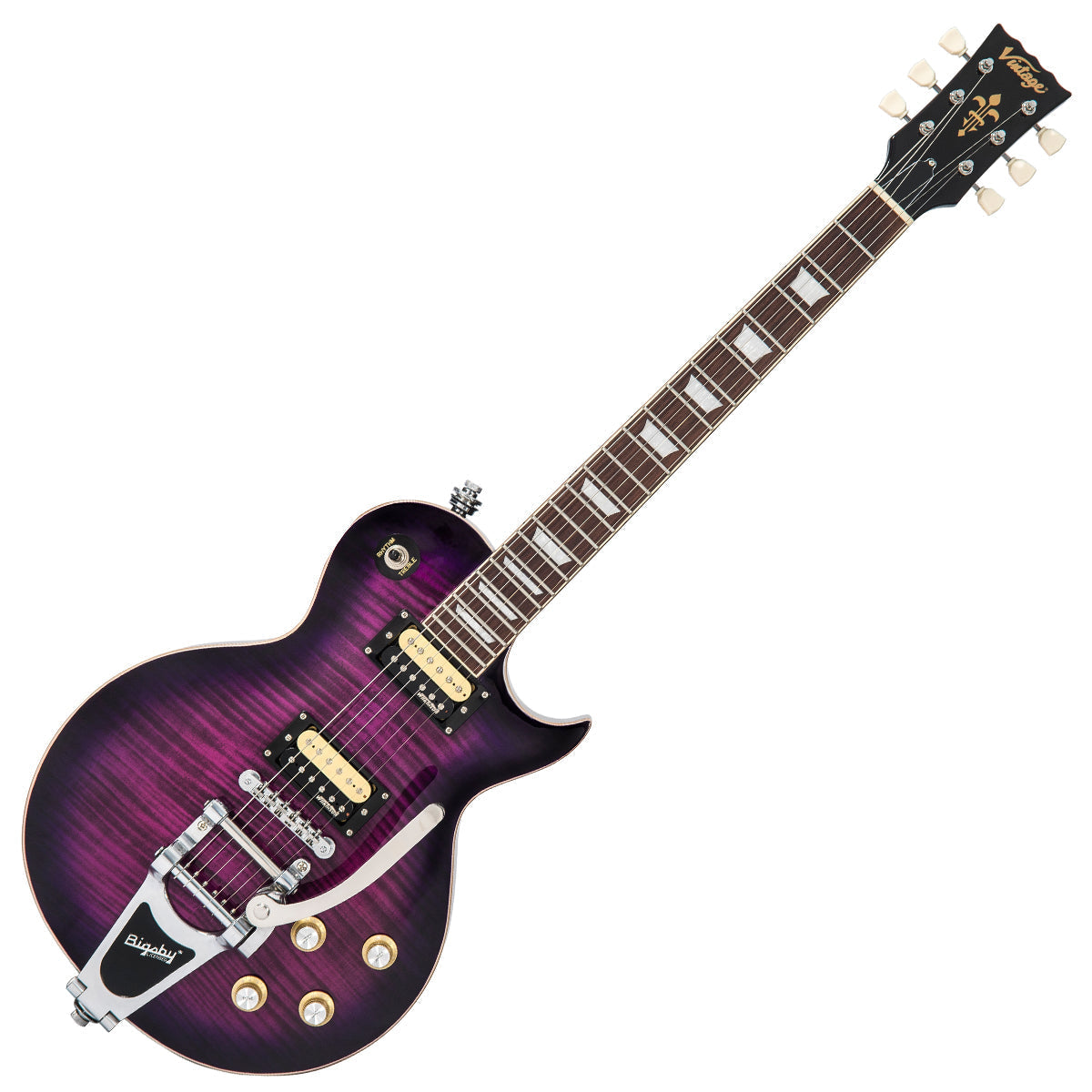 Vintage V100 ReIssued Electric Guitar w/Bigsby ~ Flamed Purpleburst, Electric Guitar for sale at Richards Guitars.
