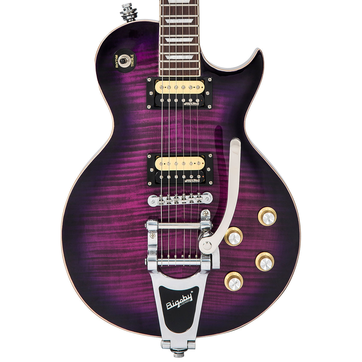 Vintage V100 ReIssued Electric Guitar w/Bigsby ~ Flamed Purpleburst, Electric Guitar for sale at Richards Guitars.