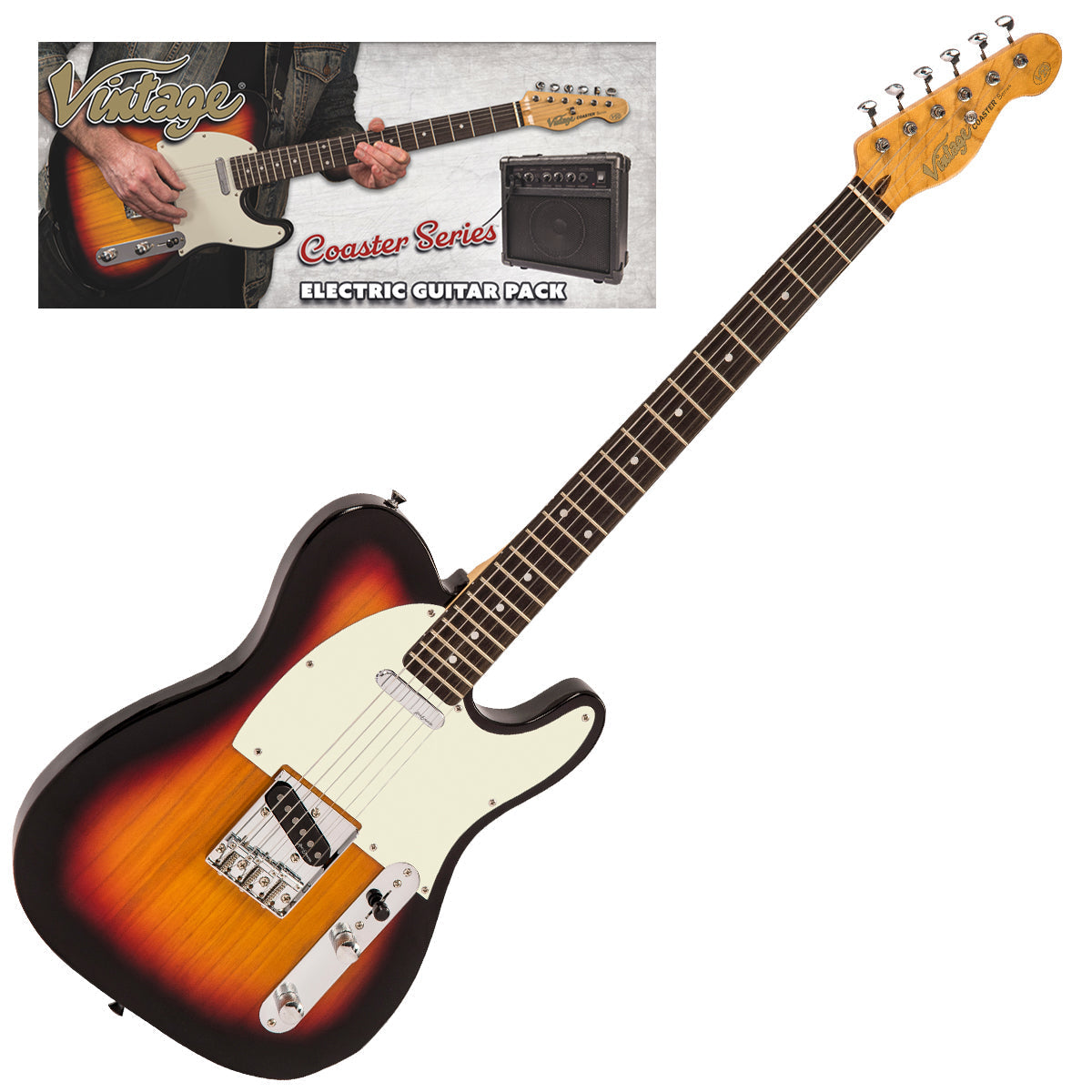 Vintage V20 Coaster Series Electric Guitar Pack ~ 3 Tone Sunburst, Electric Guitar for sale at Richards Guitars.