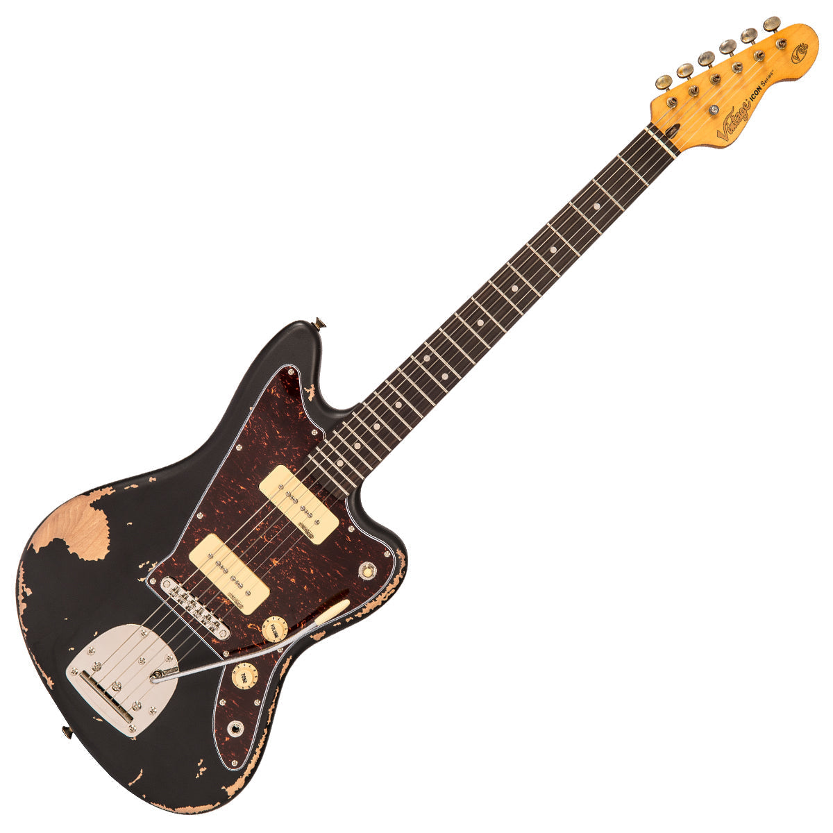 Vintage V65 ICON Vibrato Electric Guitar ~ Distressed Black, Electric Guitar for sale at Richards Guitars.