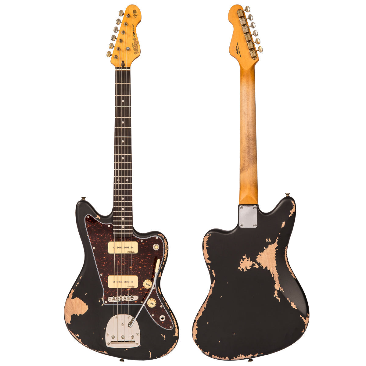Vintage V65 ICON Vibrato Electric Guitar ~ Distressed Black, Electric Guitar for sale at Richards Guitars.
