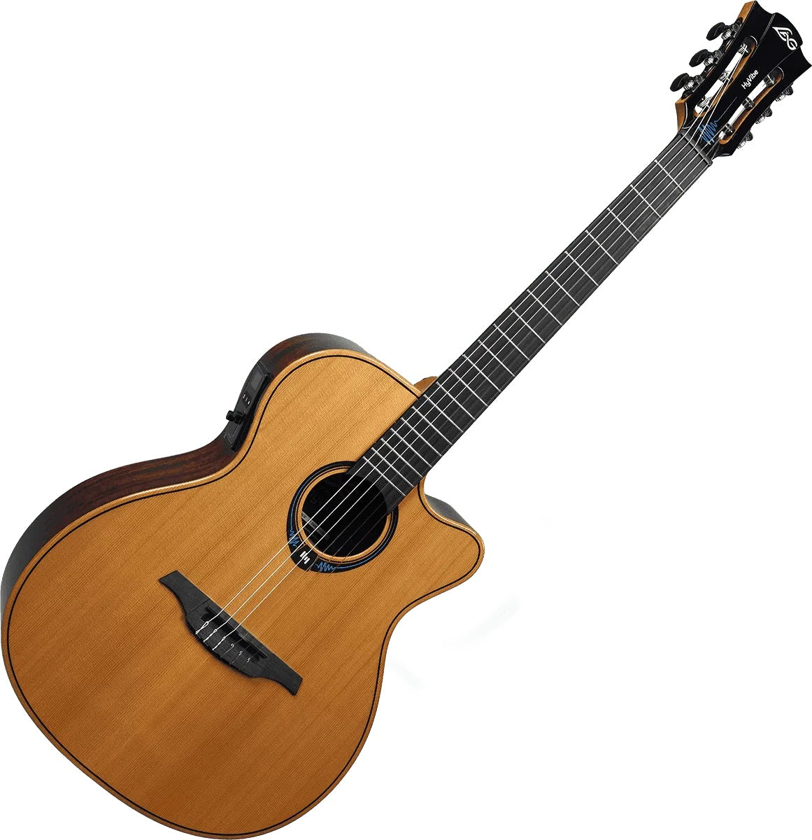 Lag HYVIBE 15 TNHV15ACE TRAMONTANE NYLON HYBRID AUDITORIUM CUTAWAY, Electro Acoustic Guitar for sale at Richards Guitars.