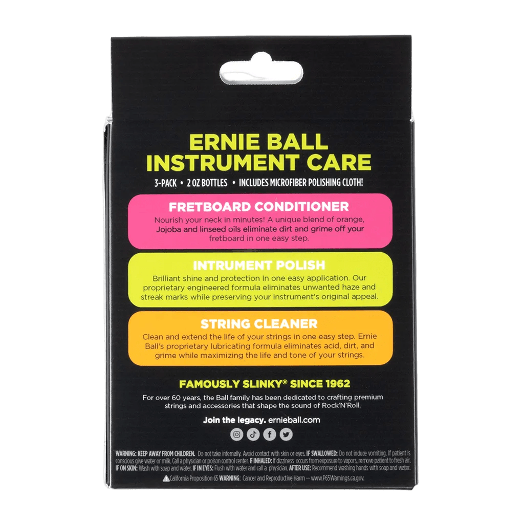 Ernie Ball Instrument Care 3 - PACK W/Microfibre Cloth (All You Need For Body, Strings & Fretboard) - Richards Guitars Of Stratford Upon Avon