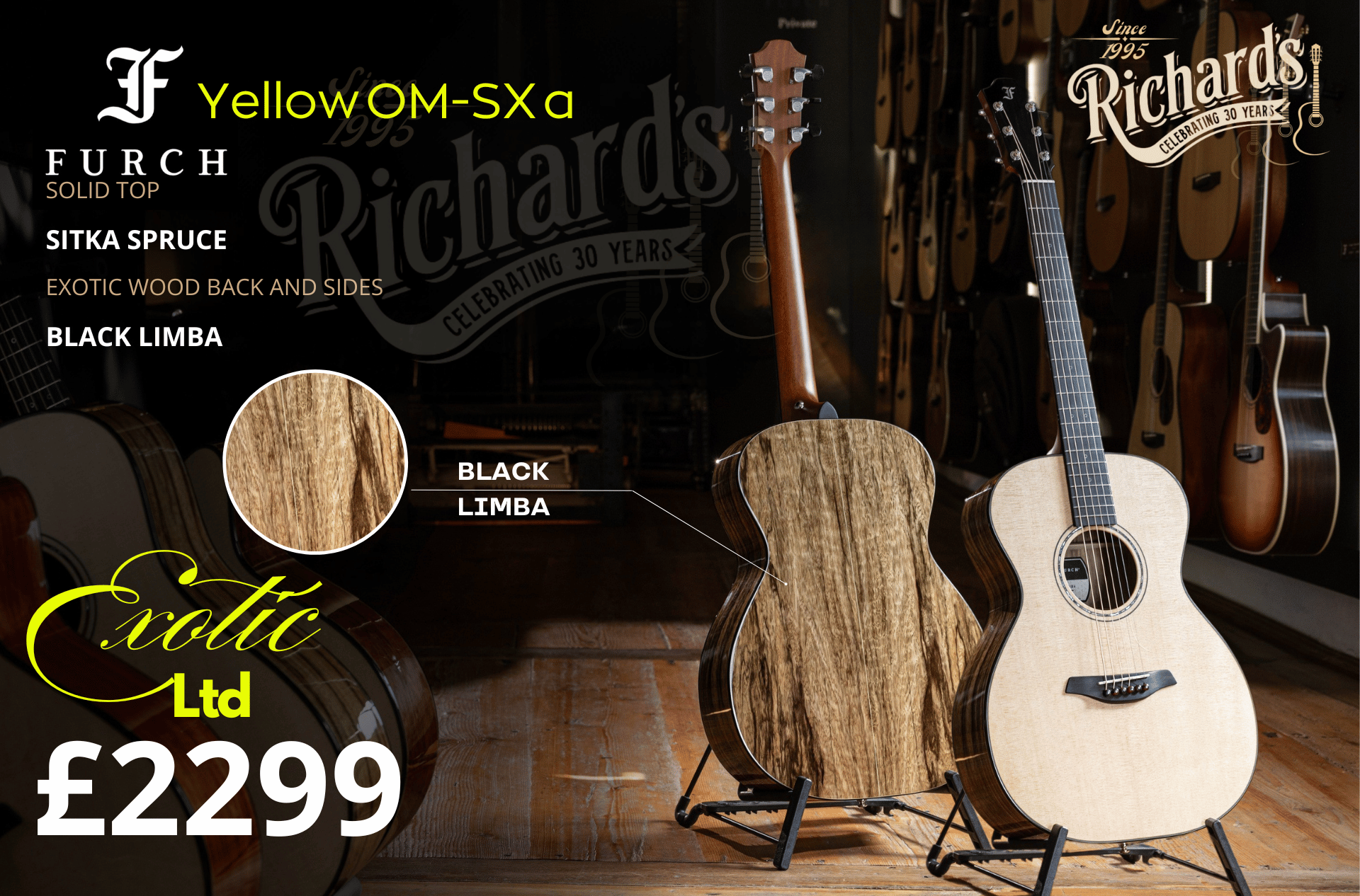 Furch Yellow Black Limba OM SX Exotic Ltd Series Acoustic Guitar - Richards Guitars Of Stratford Upon Avon