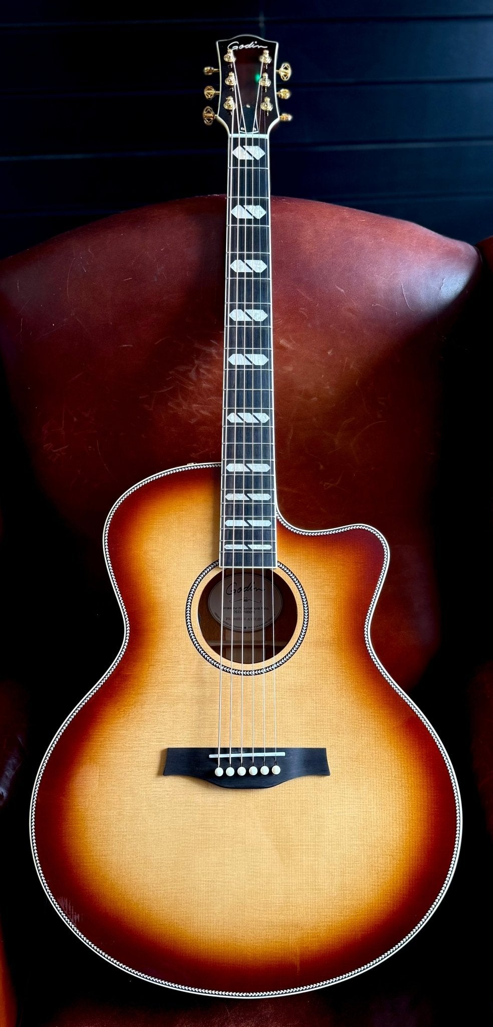 Godin Connaisseur MJ Sunsetburst Maho Electro Acoustic Guitar - Richards Guitars Of Stratford Upon Avon
