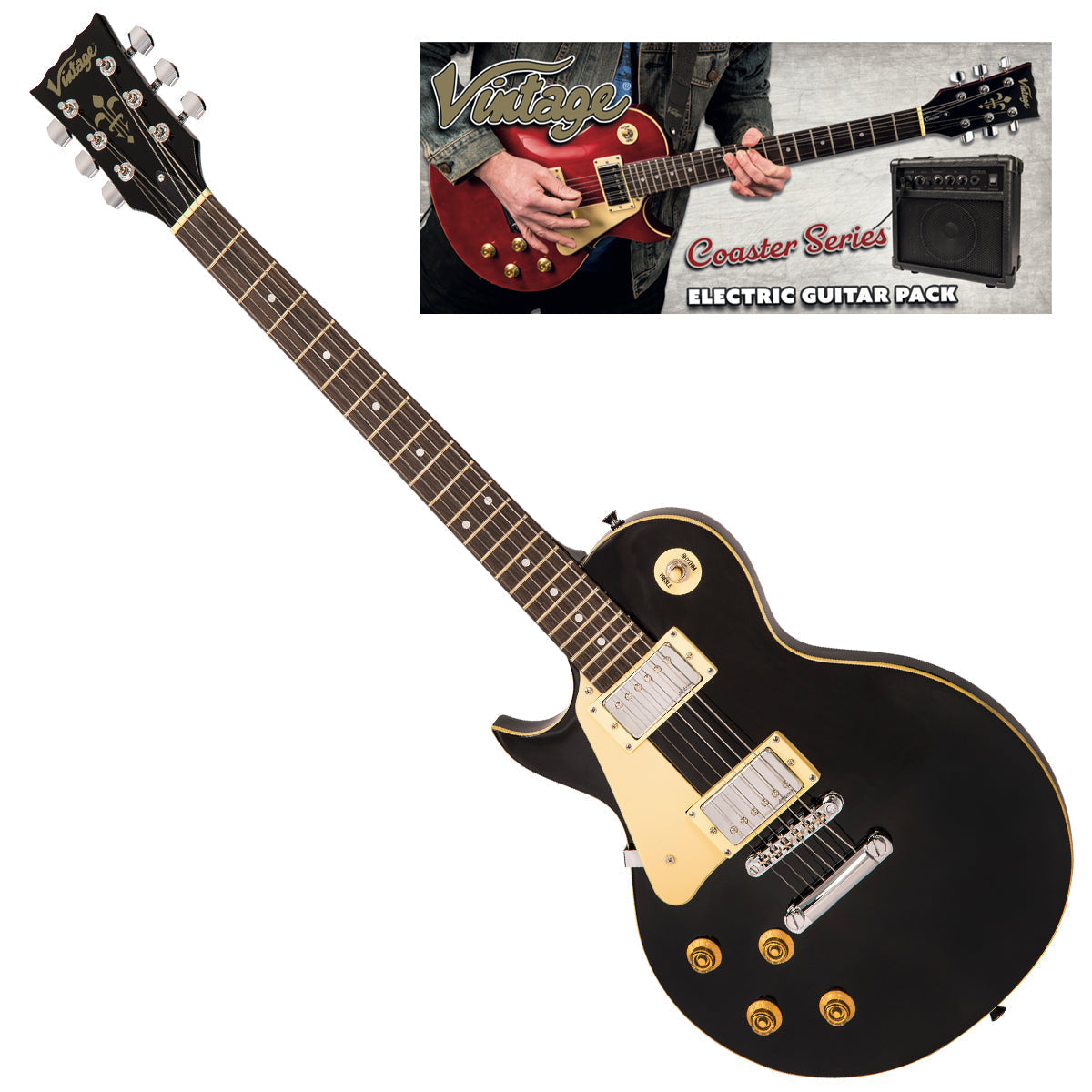 Vintage V10 Coaster Series Electric Guitar Pack ~ Left Hand Boulevard Black, Left Hand Electric Guitars for sale at Richards Guitars.