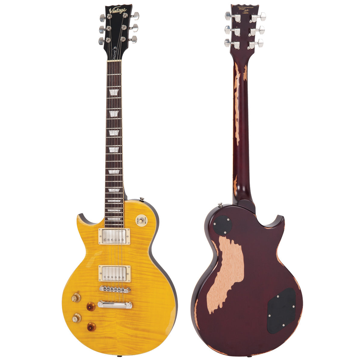 Vintage V100 ICON Electric Guitar ~ Left Hand Distressed 'Lemon Drop', Left Hand Electric Guitars for sale at Richards Guitars.