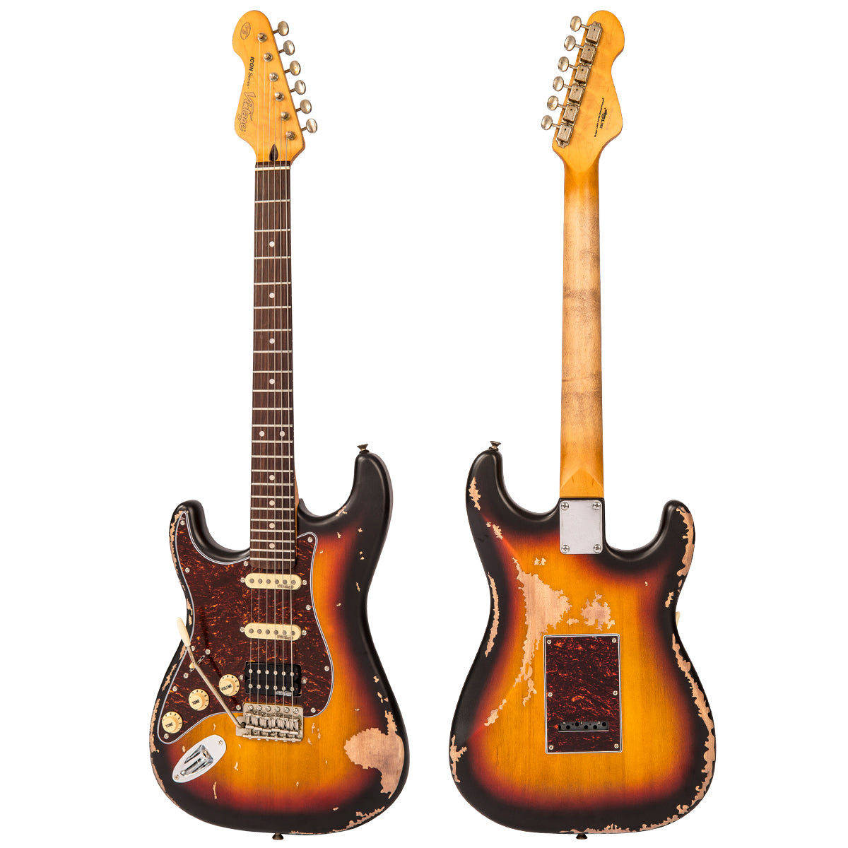 Vintage V6H ICON HSS Electric Guitar ~ Left Hand Distressed Sunburst, Left Hand Electric Guitars for sale at Richards Guitars.