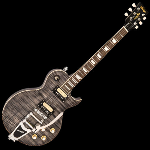 Vintage V100 ReIssued Electric Guitar w/Bigsby ~ Flamed Thru Black, Electric Guitar for sale at Richards Guitars.