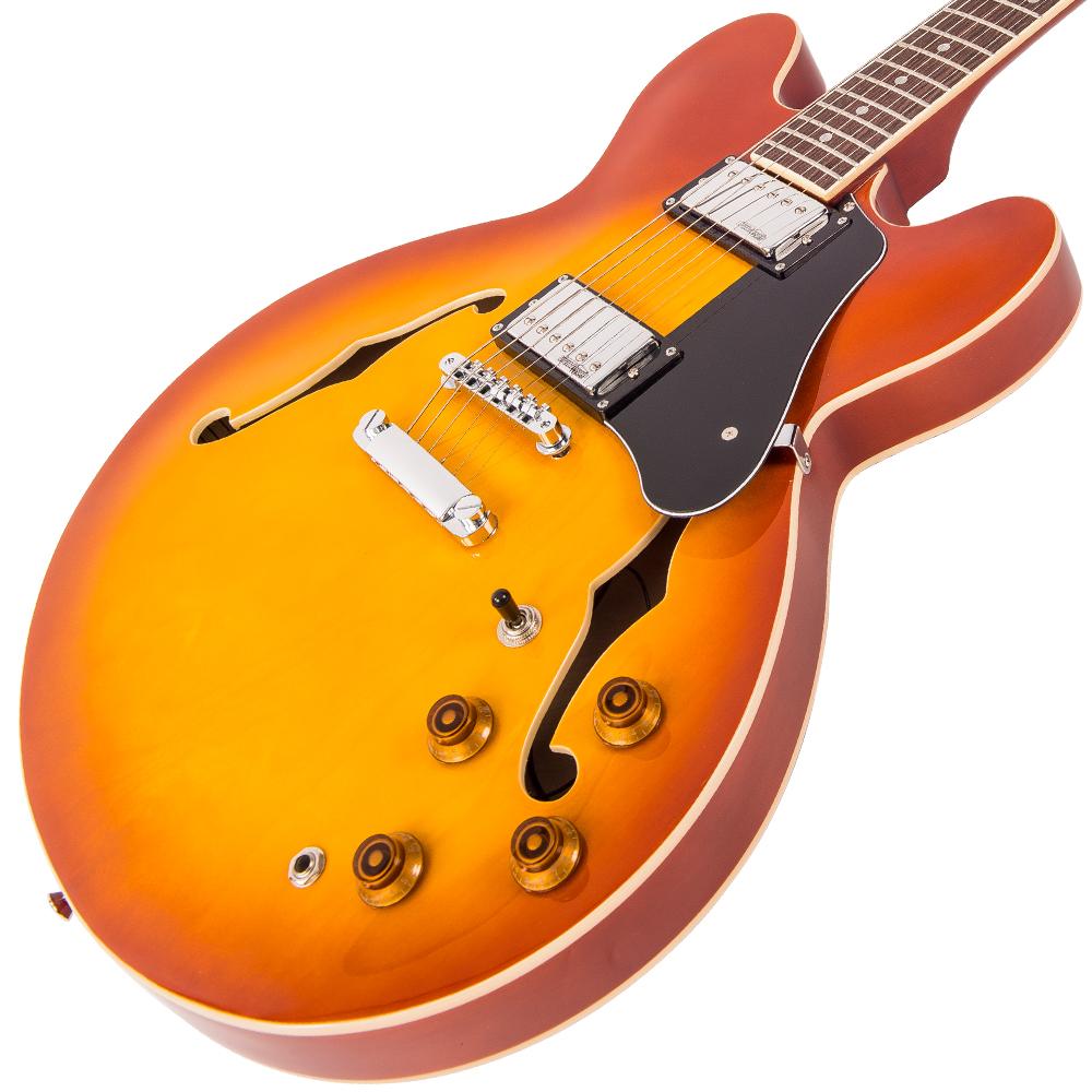 Vintage VSA500 ReIssued Semi Acoustic Guitar ~ Honeyburst, Semi-Acoustic Guitars for sale at Richards Guitars.