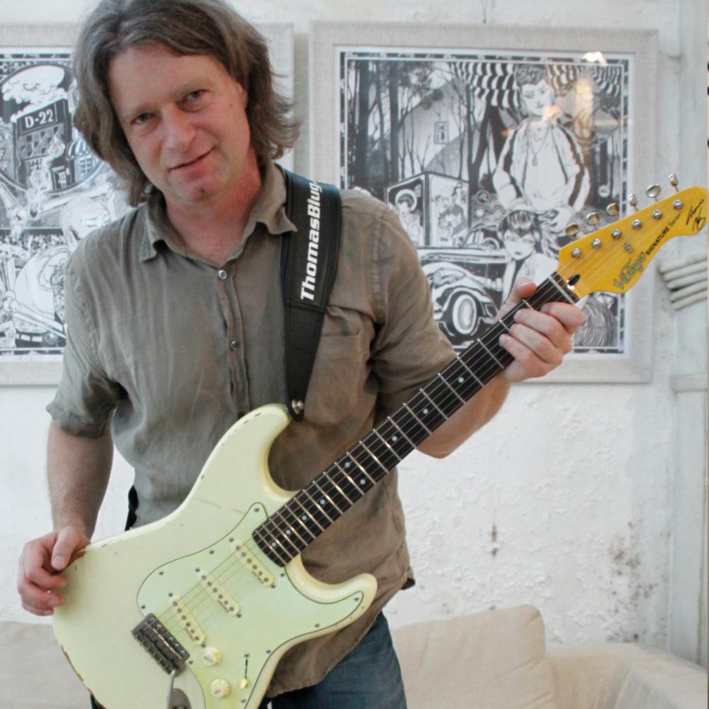 Vintage V6 Thomas Blug Signature Electric Guitar ~ Distressed Vintage White, for sale at Richards Guitars.