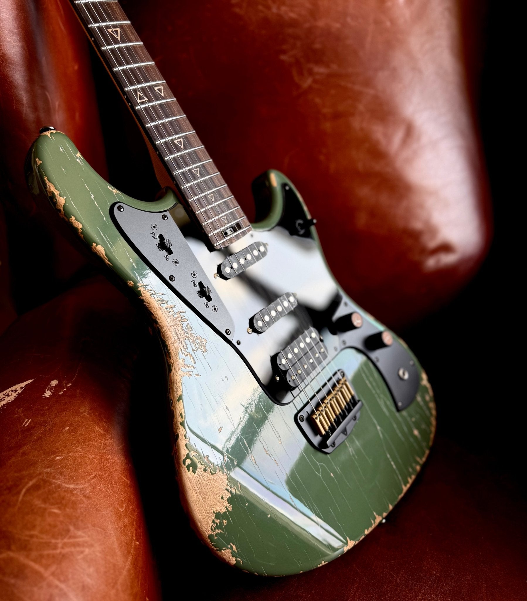 Valiant Olive Green Distressed "Extreme" w' Stainless Steel Frets - Richards Guitars Of Stratford Upon Avon