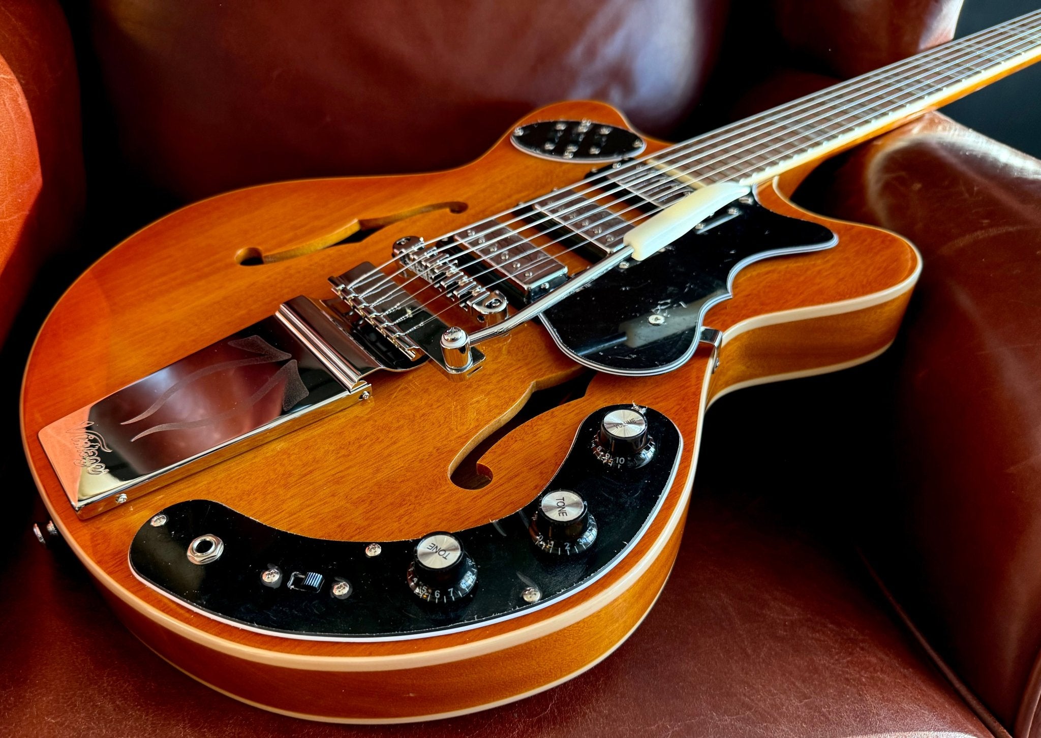 Vintage REVO Series 'Superthin' Electric Guitar ~ Amberburst - Richards Guitars Of Stratford Upon Avon