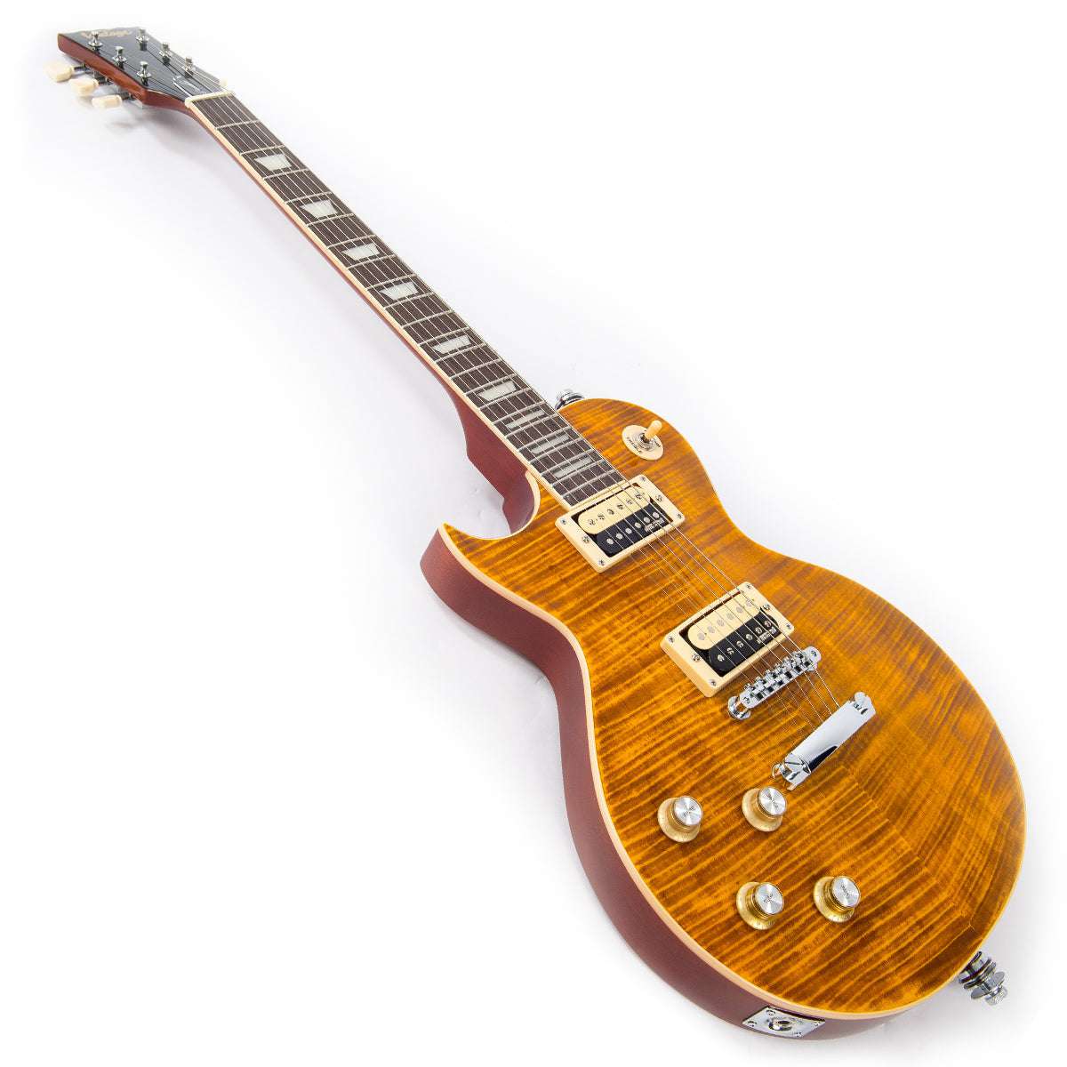Vintage V100AFD Reissued Electric Guitar ~ Left Hand Flamed Amber - Richards Guitars Of Stratford Upon Avon