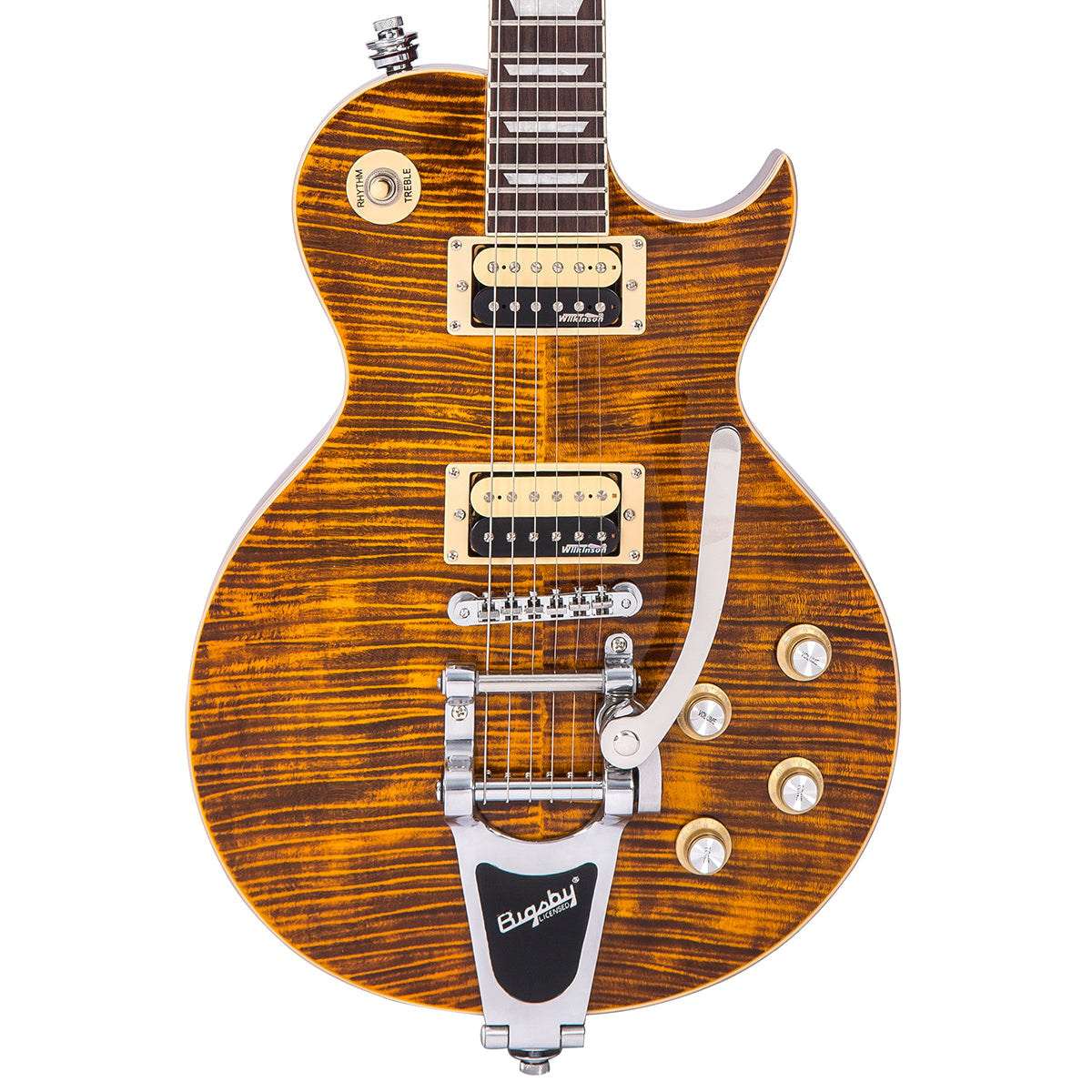 Vintage V100AMB ReIssued Electric Guitar w/Bigsby ~ Flamed Amber - Richards Guitars Of Stratford Upon Avon