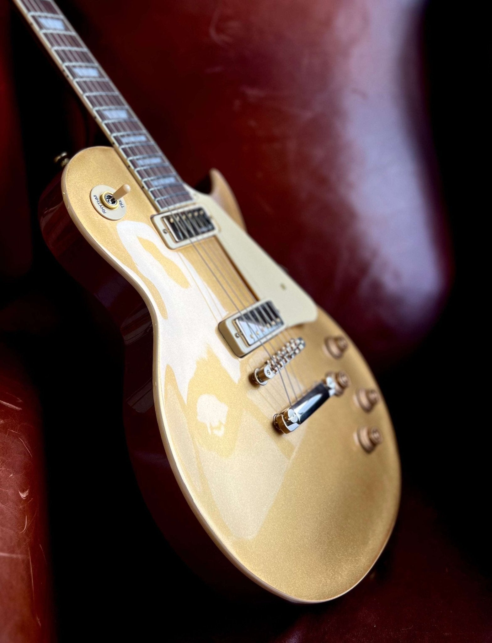 Vintage V100MGT Mini Double Coil ReIssued Electric Guitar ~ Gold Top - Richards Guitars Of Stratford Upon Avon