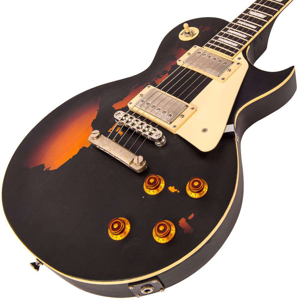 Vintage V100MRBK ICON Electric Guitar ~ Distressed Black Over Sunburst - Richards Guitars Of Stratford Upon Avon