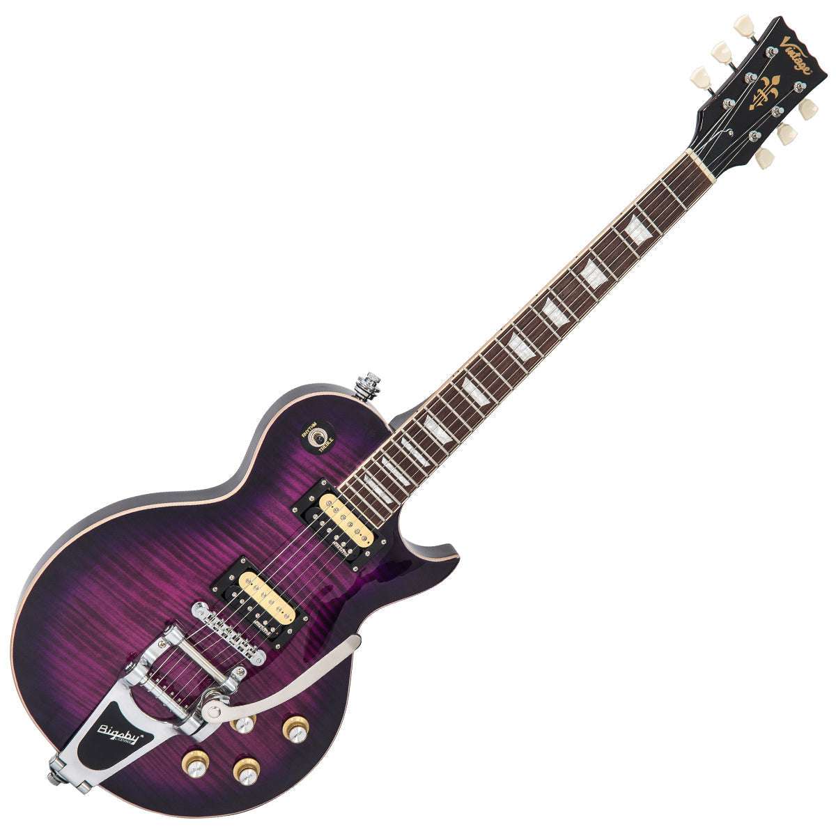 Vintage V100PLB ReIssued Electric Guitar w/Bigsby ~ Flamed Purpleburst - Richards Guitars Of Stratford Upon Avon