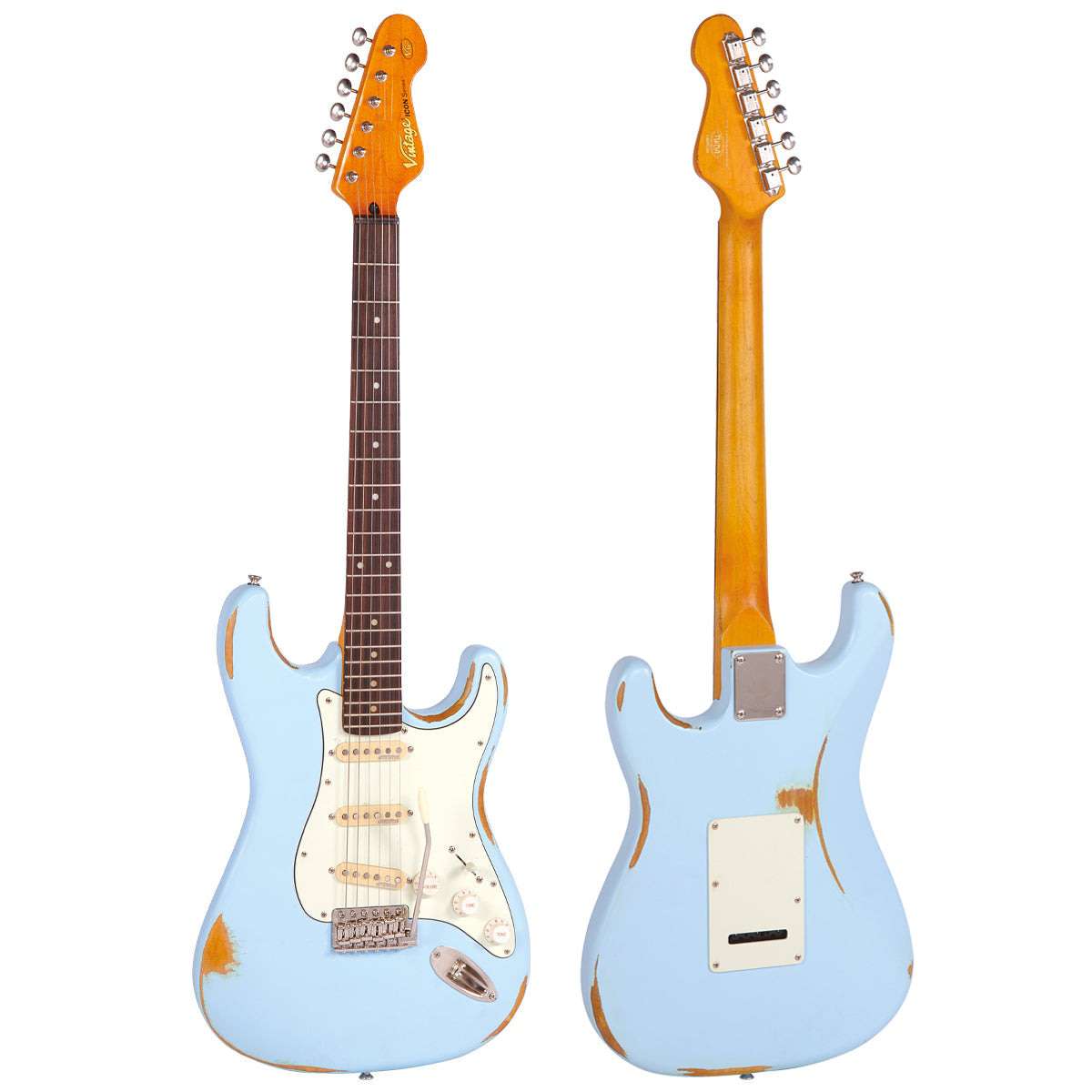 Vintage V6 ICON Electric Guitar ~ Distressed Laguna Blue - Richards Guitars Of Stratford Upon Avon