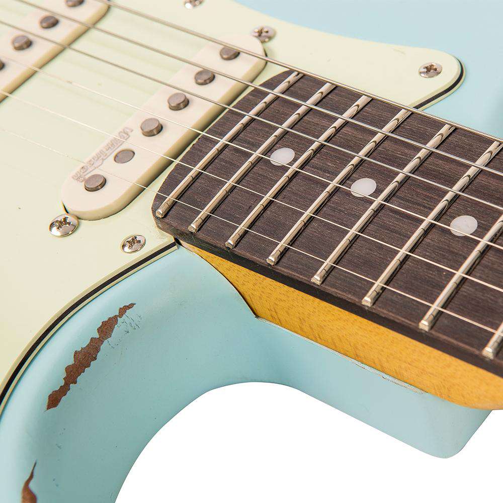 Vintage V6 ICON Electric Guitar ~ Distressed Laguna Blue - Richards Guitars Of Stratford Upon Avon