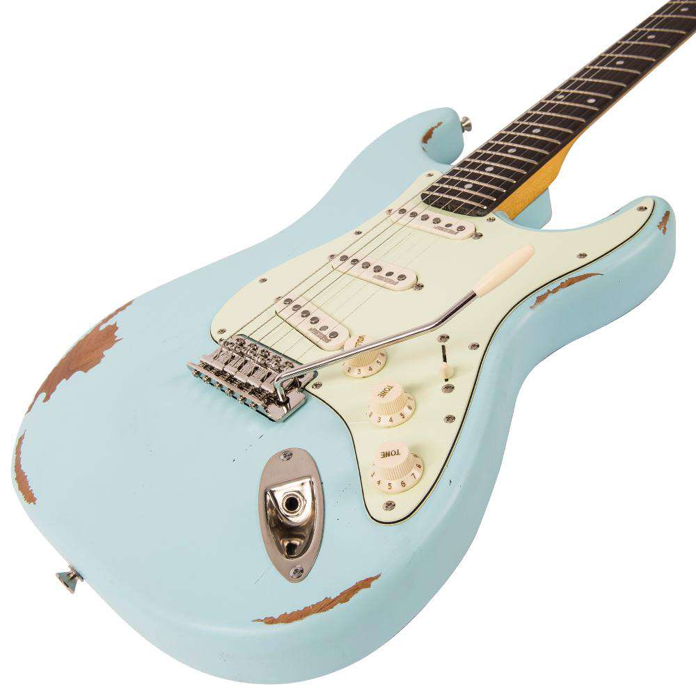 Vintage V6 ICON Electric Guitar ~ Distressed Laguna Blue - Richards Guitars Of Stratford Upon Avon