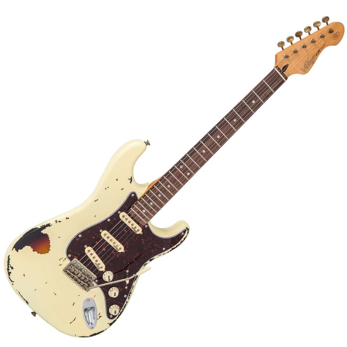 Vintage V6 ICON Electric Guitar ~ Distressed White Over Sunburst - Richards Guitars Of Stratford Upon Avon
