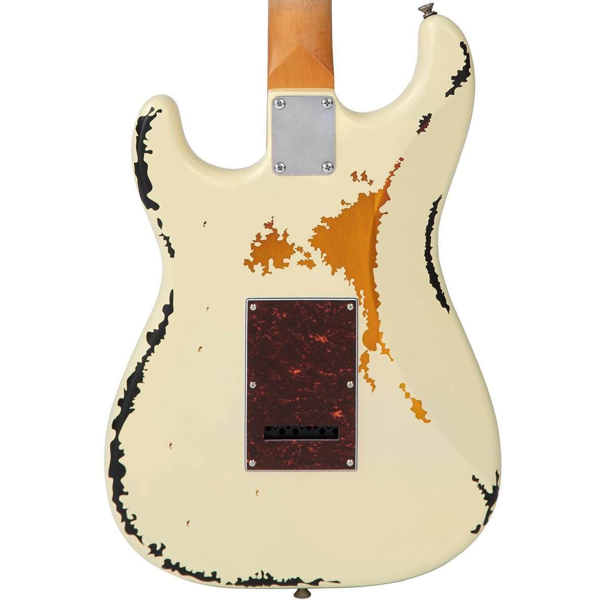 Vintage V6 ICON Electric Guitar ~ Distressed White Over Sunburst - Richards Guitars Of Stratford Upon Avon