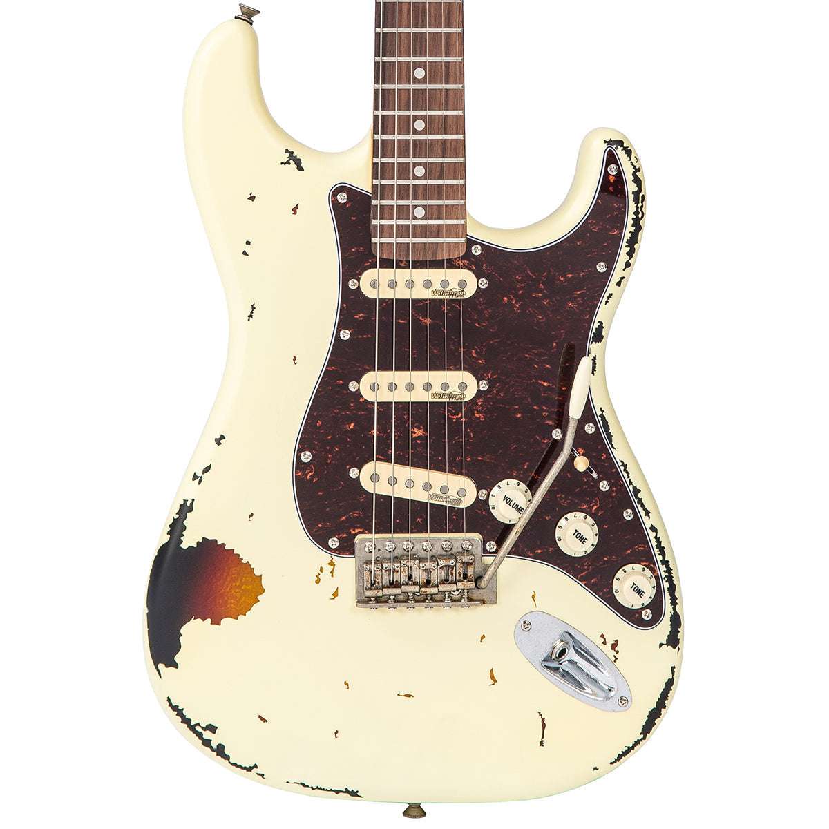 Vintage V6 ICON Electric Guitar ~ Distressed White Over Sunburst - Richards Guitars Of Stratford Upon Avon