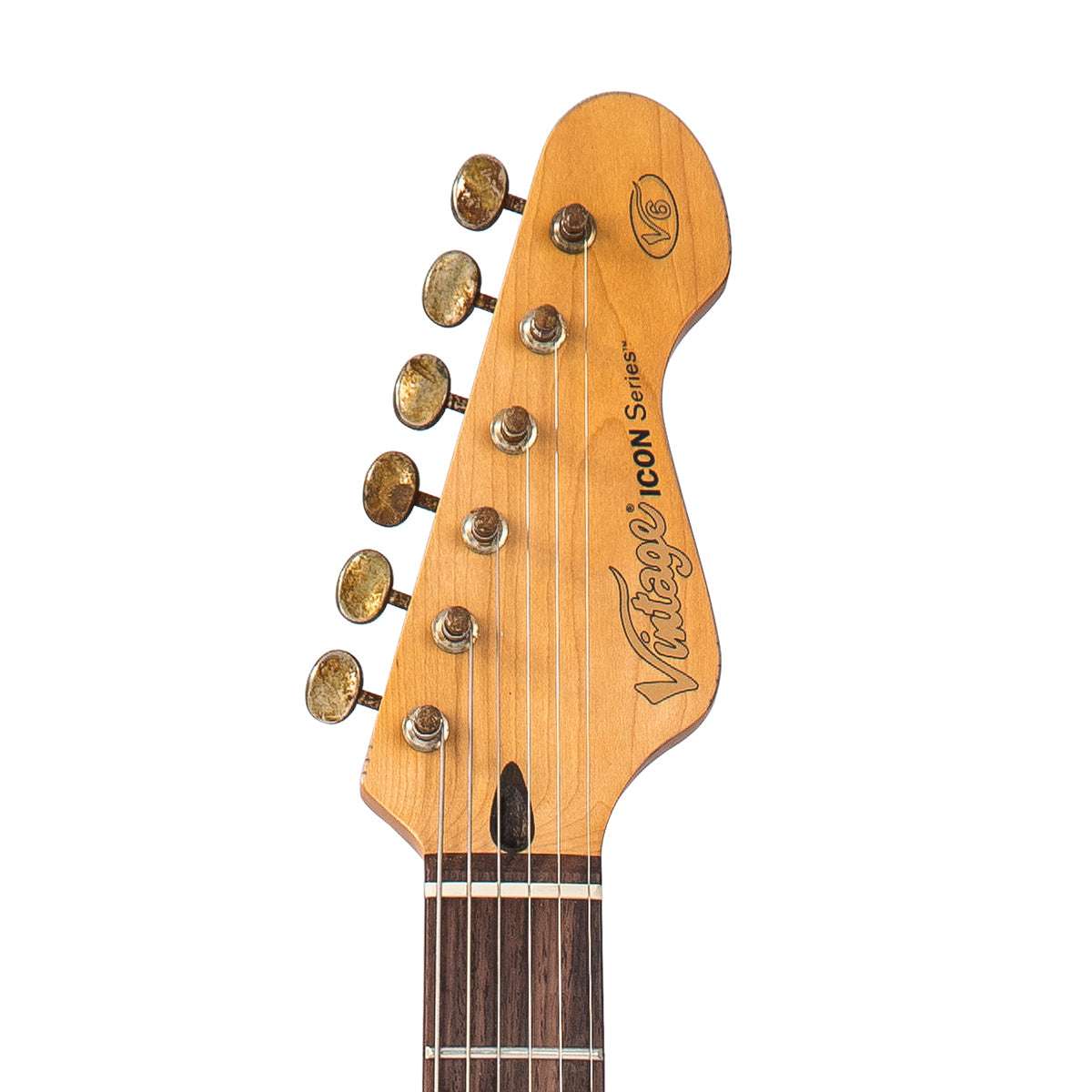 Vintage V6 ICON Electric Guitar ~ Distressed White Over Sunburst - Richards Guitars Of Stratford Upon Avon