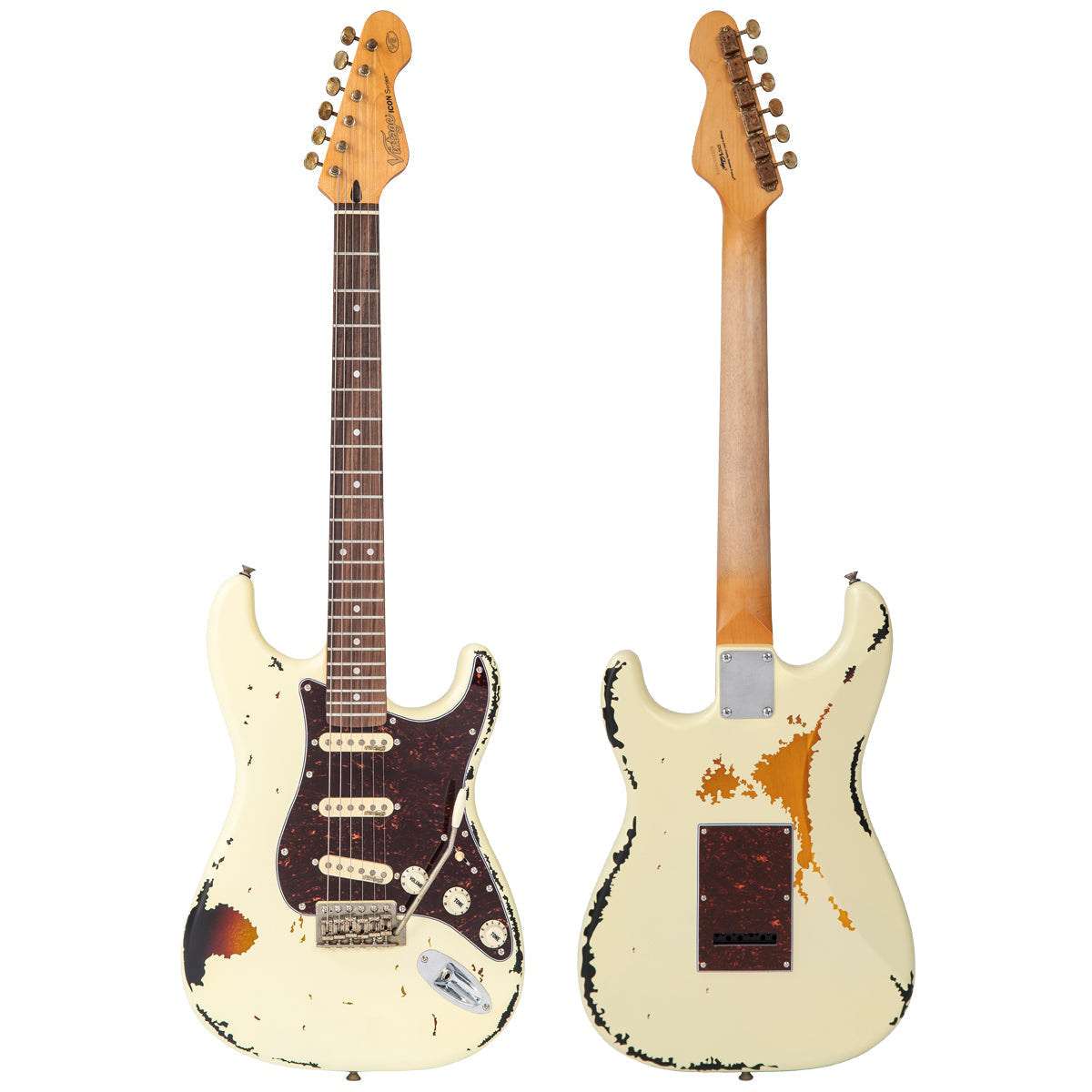 Vintage V6 ICON Electric Guitar ~ Distressed White Over Sunburst - Richards Guitars Of Stratford Upon Avon
