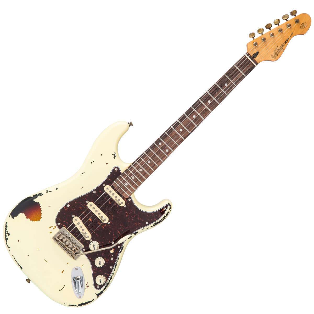 Vintage V6 ICON Electric Guitar ~ Distressed White Over Sunburst - Richards Guitars Of Stratford Upon Avon